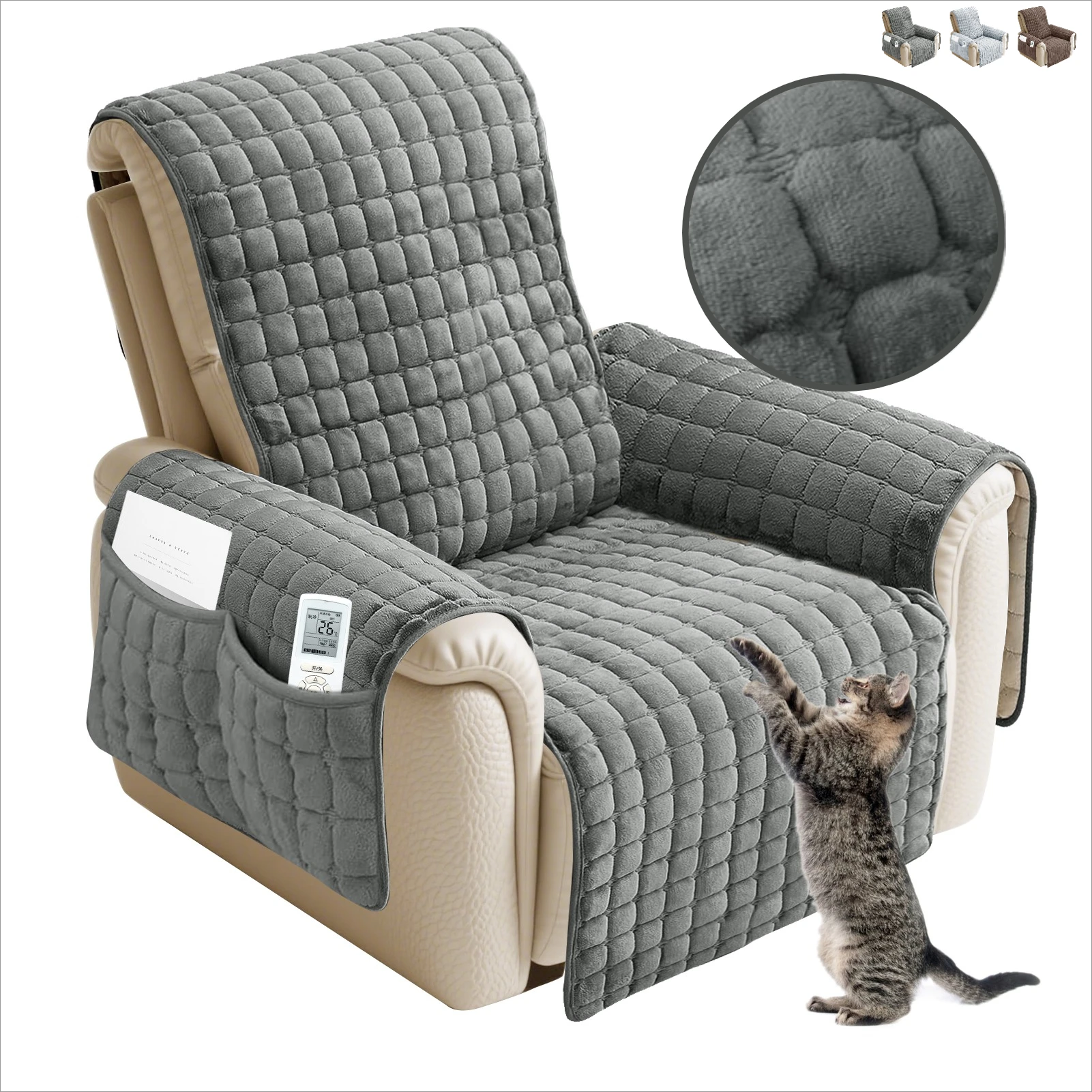 Recliner Sofa Cover Flannel Plush Chair Covers Armchair Slipcovers with Pockets Relax Non Slip Couch Slipcovers Sofa Protector
