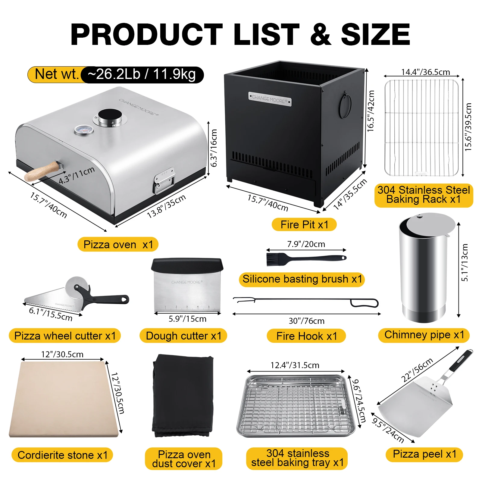 CHANGEMOORE Kit de horno de pizza al aire libre con bandeja de acero inoxidable de piedra de cordierita, termómetro, cubierta antipolvo para jardín, Camping, barbacoa