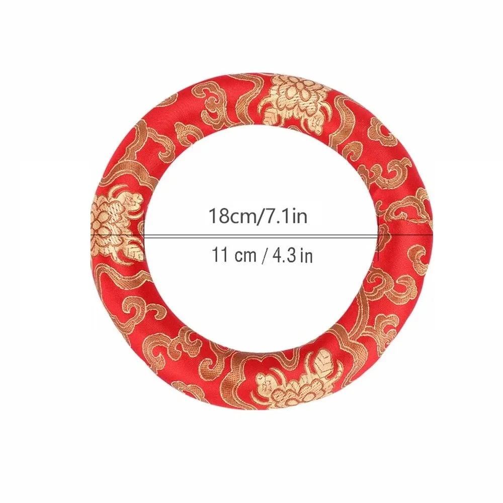  Brocado de seda Cojín para cuenco tibetano Forma redonda Rojo/Azul Almohada para cuenco tibetano Hecho a mano 18 cm de diámetro Almohada con anillo de cuenco - imagen 5