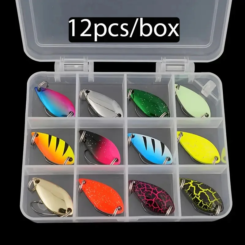 12 unids/caja cuchara Señuelos de Pesca Metal Artificial cebo falso cucharas multicolor señuelo de fundición larga caja de aparejos de pesca - imagen 2