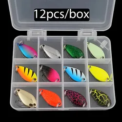 12 unids/caja cuchara Señuelos de Pesca Metal Artificial cebo falso cucharas multicolor señuelo de fundición larga caja de aparejos de pesca
