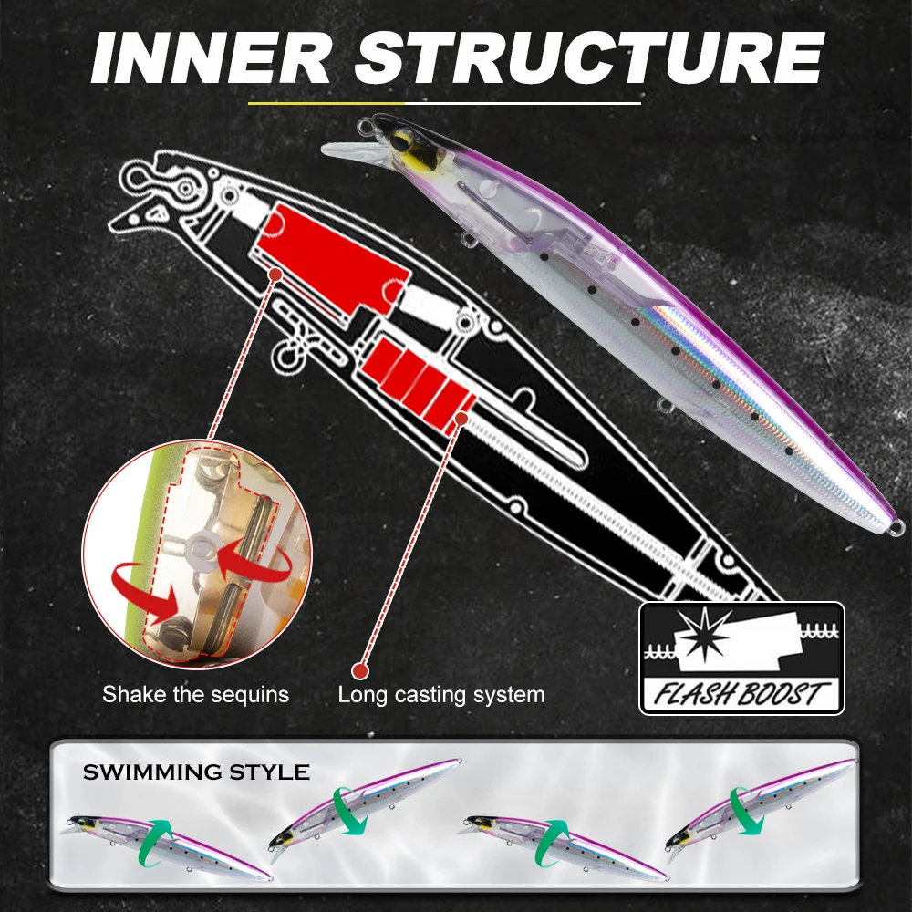 DT EXSENCE-señuelo de pesca Shallow Assassin Slider Minnow, sistema de deslizamiento de peso de tungsteno FLASH, 120mm, 20g/145mm, 27g - imagen 3