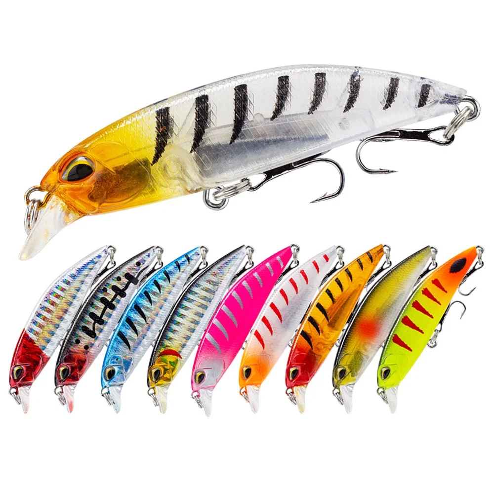 Señuelo de pesca Minnow de 7cm y 8g, cebo duro con ojos 3D # 8 anzuelos triples Crankbait Profundidad de fundición larga 0,5 m-2 m para trucha bajo