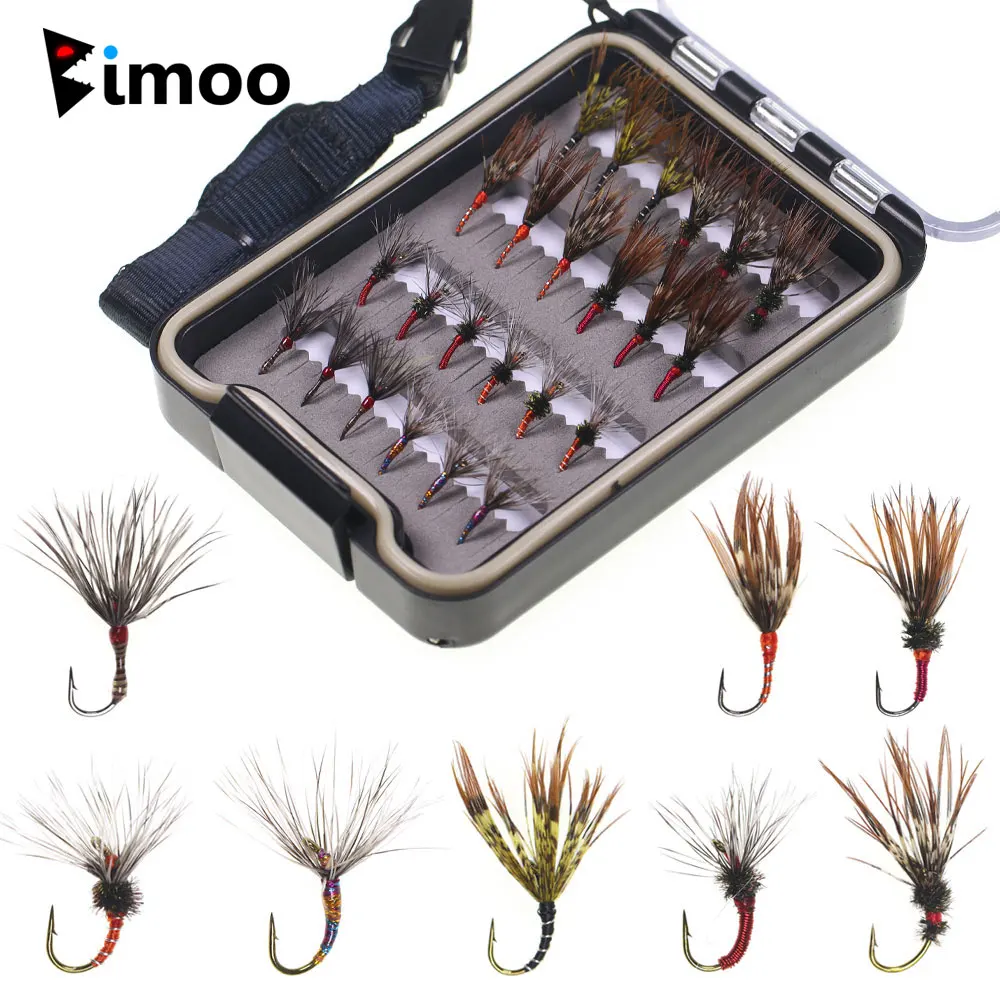 Bimoo 24 unids/caja # 12 # 14 mixtas de moscas Tenkara con caja impermeable, anzuelo de púas, pesca Tenkara, mosca, trucha, agarre, señuelos de pesca, cebo