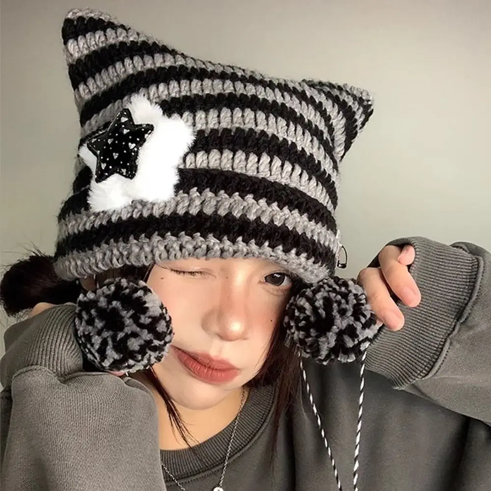 Gorro Y2K con orejas de diablo para mujer, gorro de lana tejido a rayas, estilo Hip-hop, con orejas de gato, jersey puntiagudo, Otoño e Invierno - imagen 2