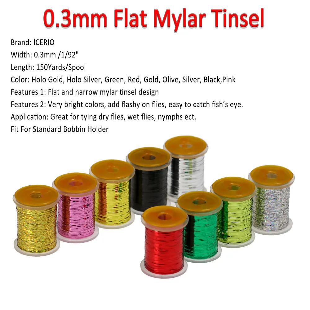 ICERIO-oropel plano de Mylar para atar moscas, 150 yardas, 0,3mm de ancho, cinta de Flash holográfica para atar ninfas, señuelos de pesca con mosca húmedos y secos - imagen 3