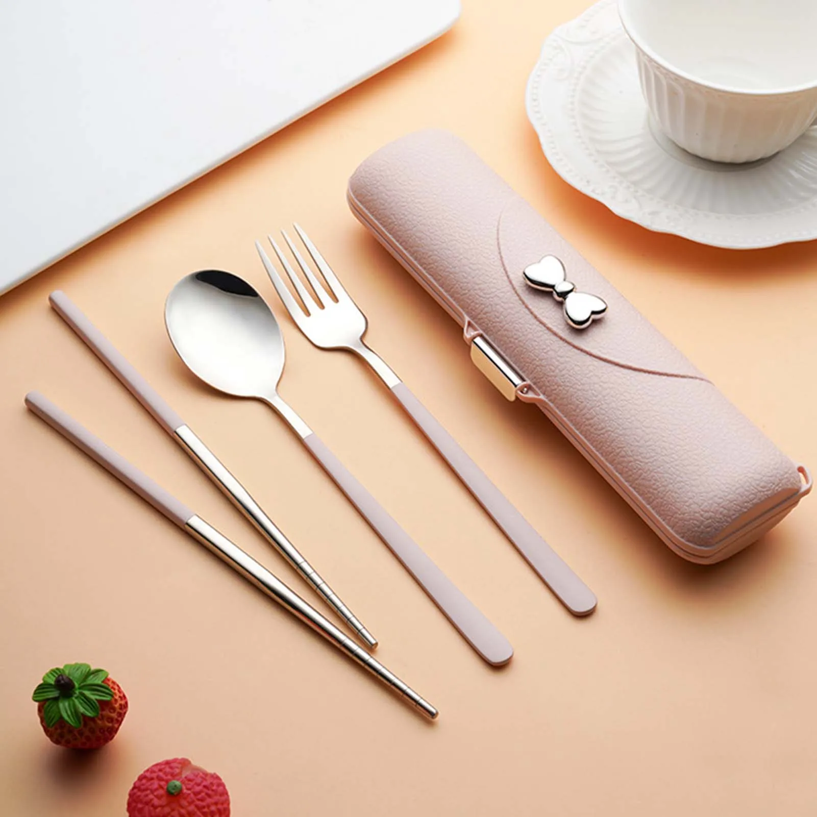 Utensilios portátiles para exteriores, palillos y cuchara con diseño de lazo encantador, juego de cubiertos portátiles de 3 piezas para viaje, Picnic, fiambrera - imagen 5