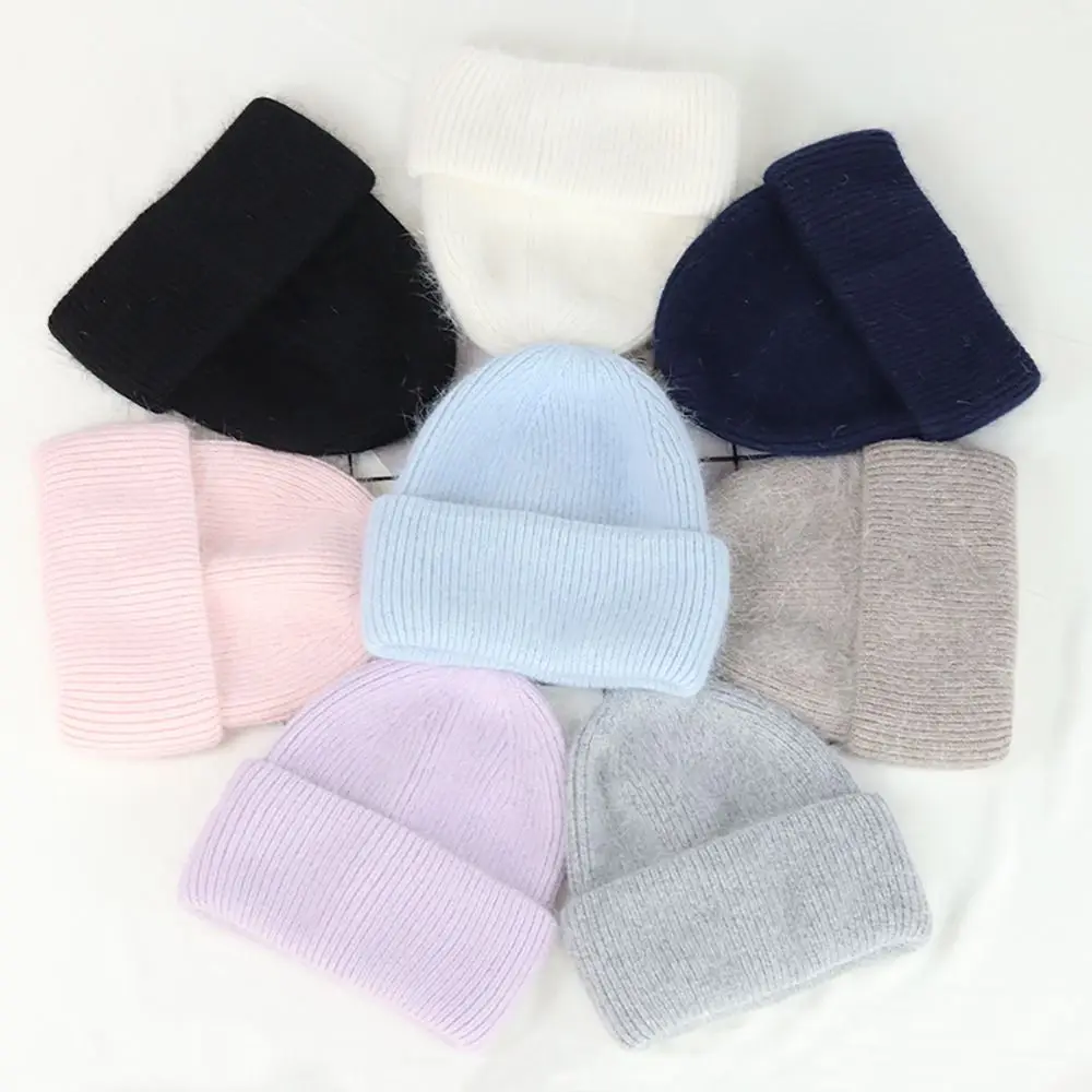 Gorros de invierno de piel de conejo para mujer, gorro cómodo de colores sólidos, jersey de tres pliegues, gorro suave a prueba de viento, gorra para mujer y Niña - imagen 4