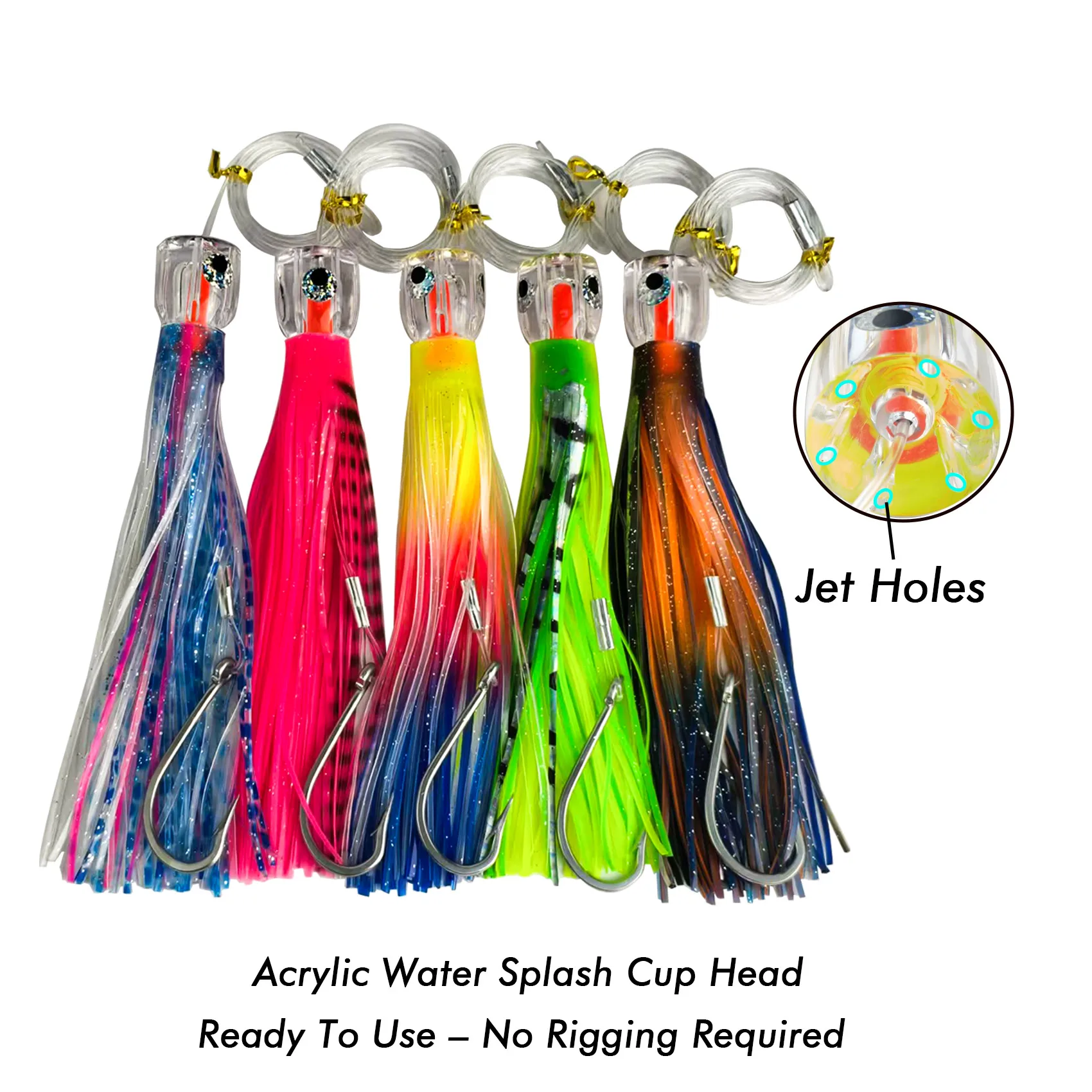 Señuelos de pesca en alta mar con agujeros de chorro de cabeza de copa acrílica, preinstalados con gancho de acero inoxidable, señuelos de agua salada para MarlinTuna Wahoo