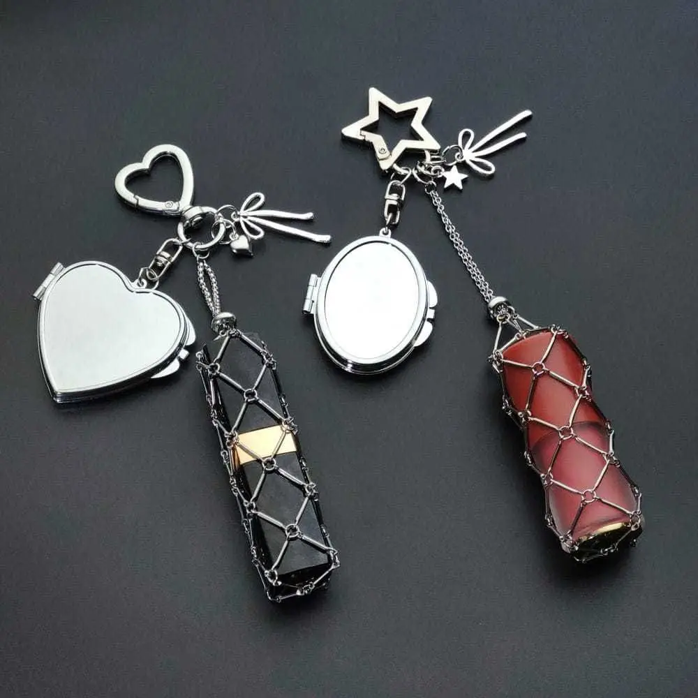 Bolso de lápiz labial de bolsillo de red de Metal de acero inoxidable, llavero, accesorios para bolso, bolso de bálsamo labial de Color plateado, llavero Y2K - imagen 4