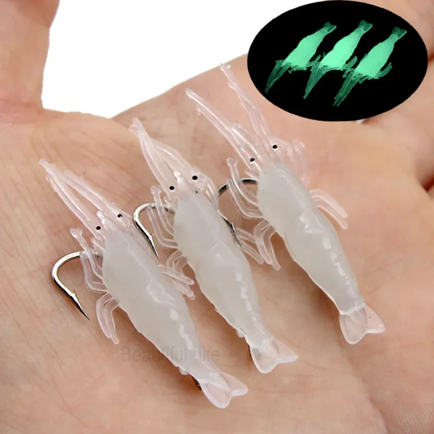 Cebo Artificial de silicona para camarones luminosos, simulación de gambas suaves con ganchos, aparejos de pesca Wobbler de carpa/señuelo/accesorios, 10 Uds. - imagen 3