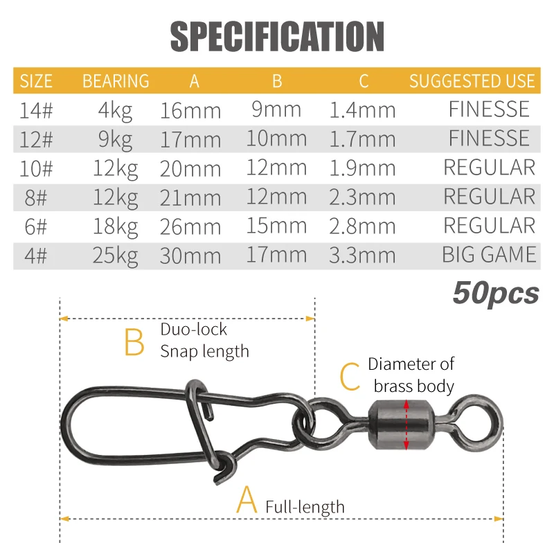 LUREHOLIC Broche giratorio de níquel negro para pesca con señuelo 50 piezas por bolsa 304SS Resistencia a la CORROSión de ALTA RESISTENCIA - imagen 5