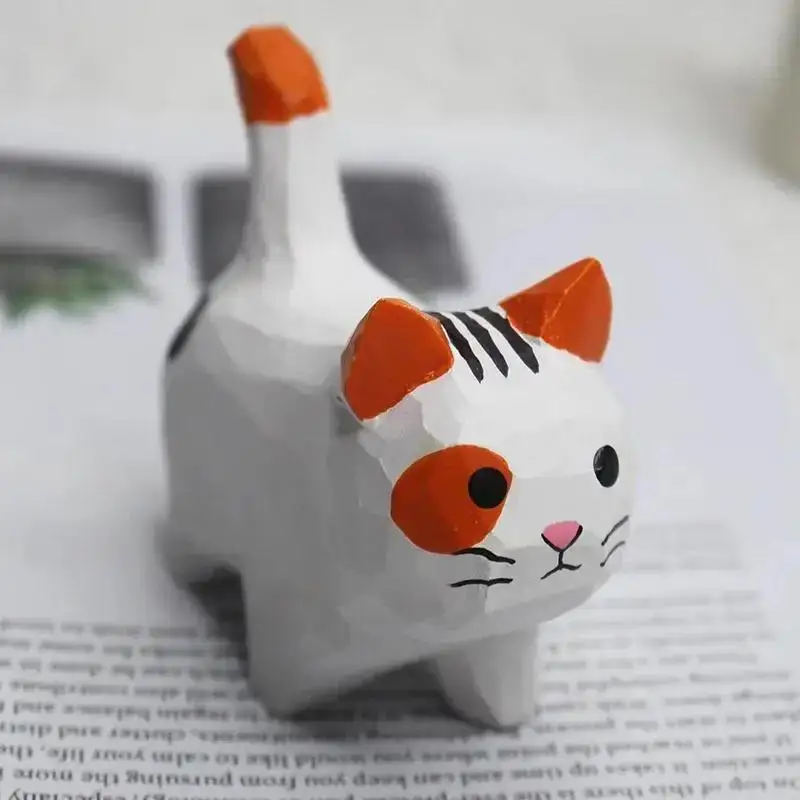 Cute Cat Shape Handmade Wood Carving Kitten Ornaments Small Animal Creative Desktop Wood Cat Decoration Crafts Ornament - imagen 3