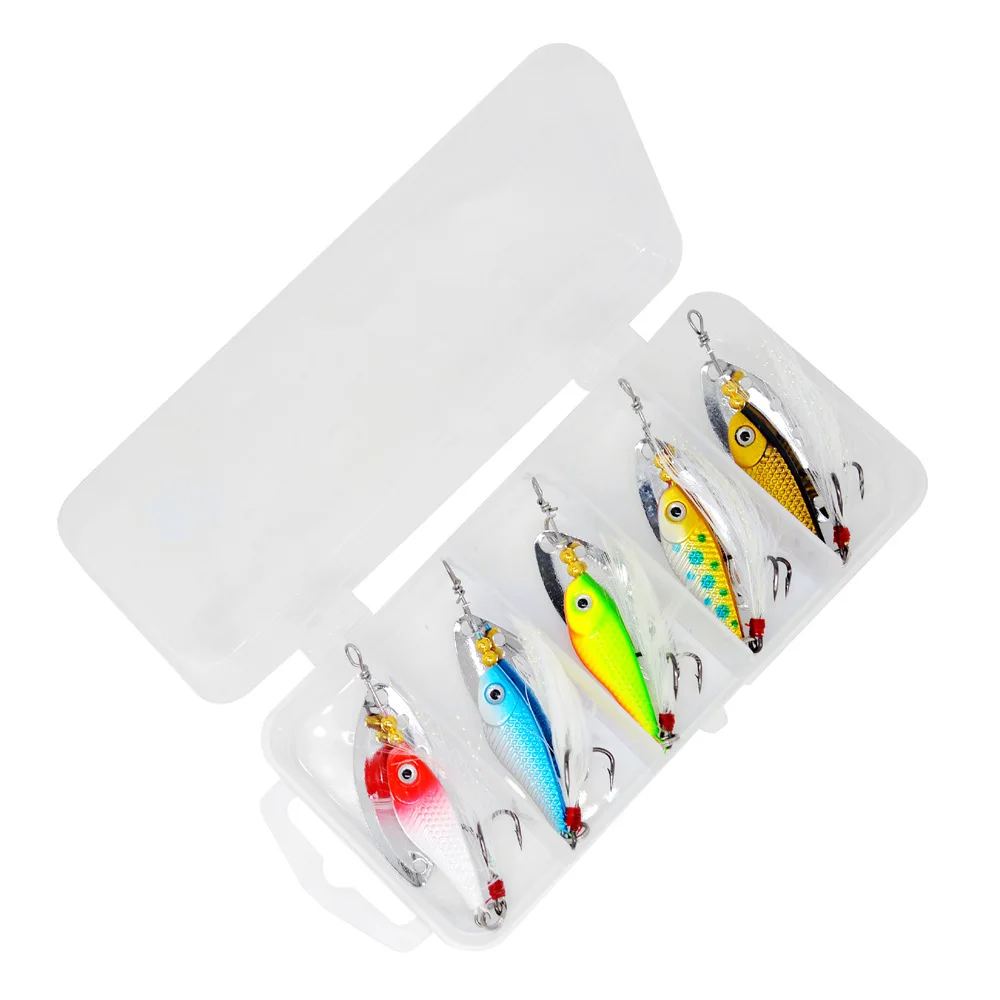 5 unids/caja 13G VIB giratorio señuelo de Pesca lentejuelas con pluma cebo duro cuchara Metal vibración Spinner para Lucio Pesca - imagen 5