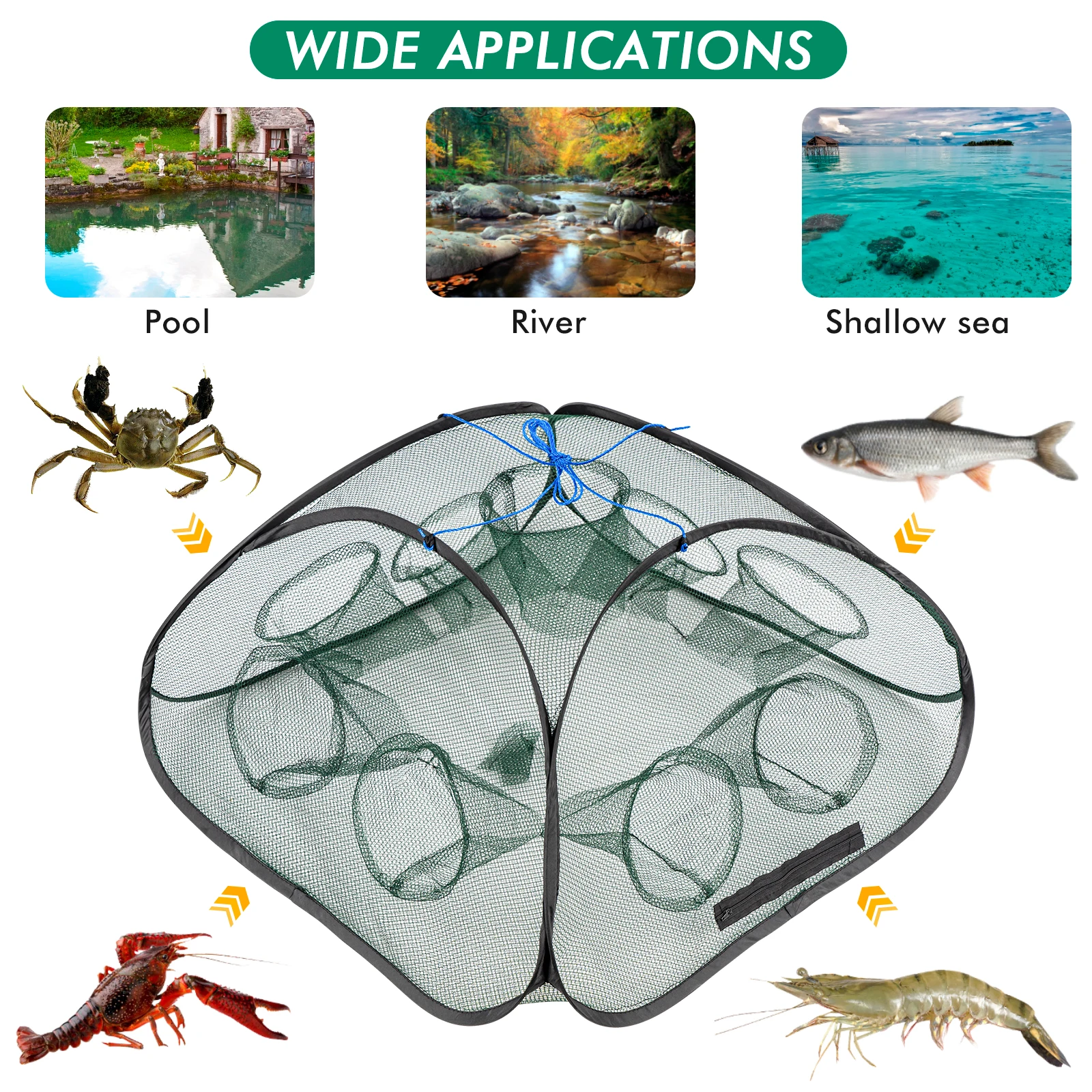 Trampa de cebo de pesca plegable THKFISH, red de pesca con 9/13 agujeros, jaula para camarones, malla de nailon, trampas plegables para cangrejos y peces, recogedor fundido - imagen 3