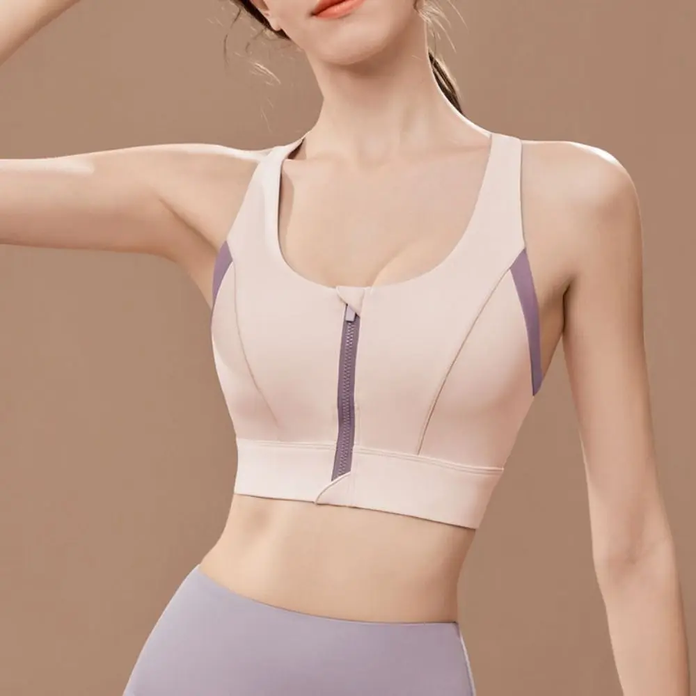 Sujetador deportivo con cremallera frontal de retales para mujer y niña, lencería antiflacidez, sujetador inalámbrico para Yoga, ropa interior ajustada a prueba de golpes - imagen 2