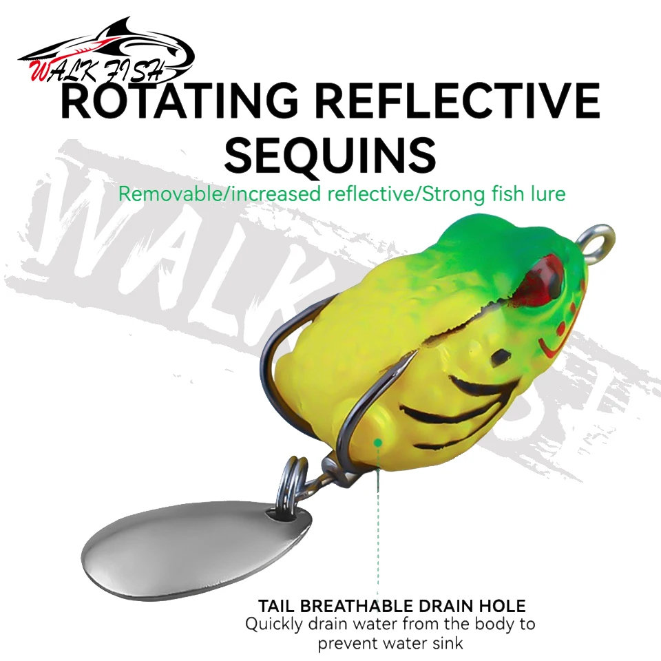 WALK FISH-Juego de Mini señuelo de pesca de rana suave, cebo falso de sapo Thunderfrog, diseño de ojos 3D con 2 ganchos, accesorios de aparejos de pesca, 1 Juego - imagen 2