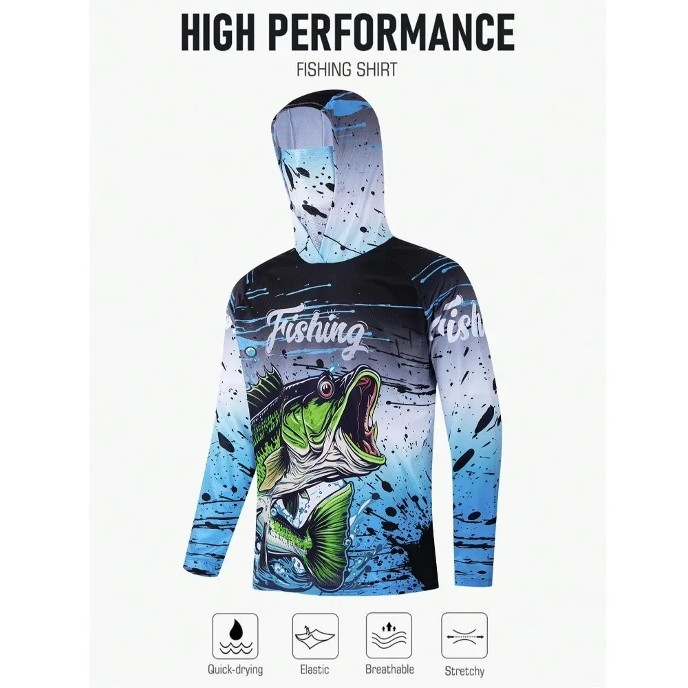 Camisa de pesca con diseño con capucha, máscara de protección UV, Sudadera con capucha, ropa de pesca, tela de rendimiento, Jersey de rendimiento de peso de verano - imagen 2