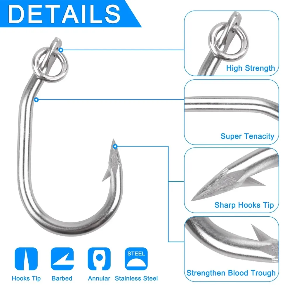 12 Uds. Anzuelos de pesca de atún, cebo vivo de agua salada, anzuelo de pesca de acero inoxidable, juego grande, anzuelos circulares anillados para atún, bagre, tiburón - imagen 3
