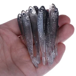 10 Uds. Señuelos de pesca artificiales de silicona de 75mm, cebo suave para peces pequeños grises y negros para pesca con caña
