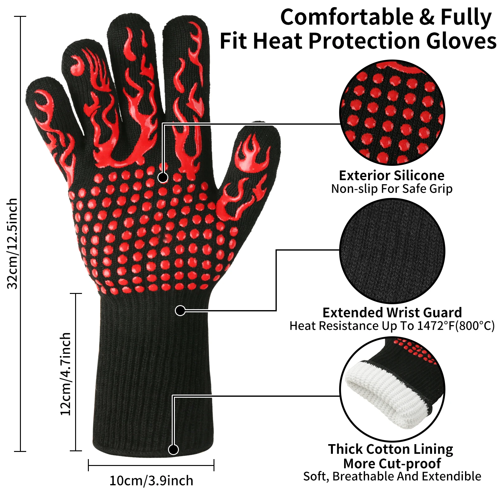 Guantes ignífugos antideslizantes para barbacoa, guantes para horno microondas ignífugos 1472 ℉ /800 ° Manopla de horno resistente al calor extremo centígrados C - imagen 4