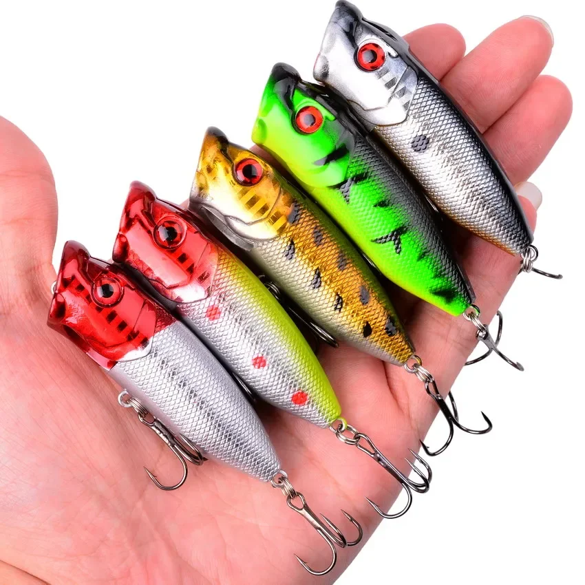 1 Uds. Señuelos de pesca 6,5 cm/12g cebo Popper Topwater 5 colores cebo duro Wobblers artificiales aparejos de pesca de plástico con 6 #   Ganchos - imagen 4