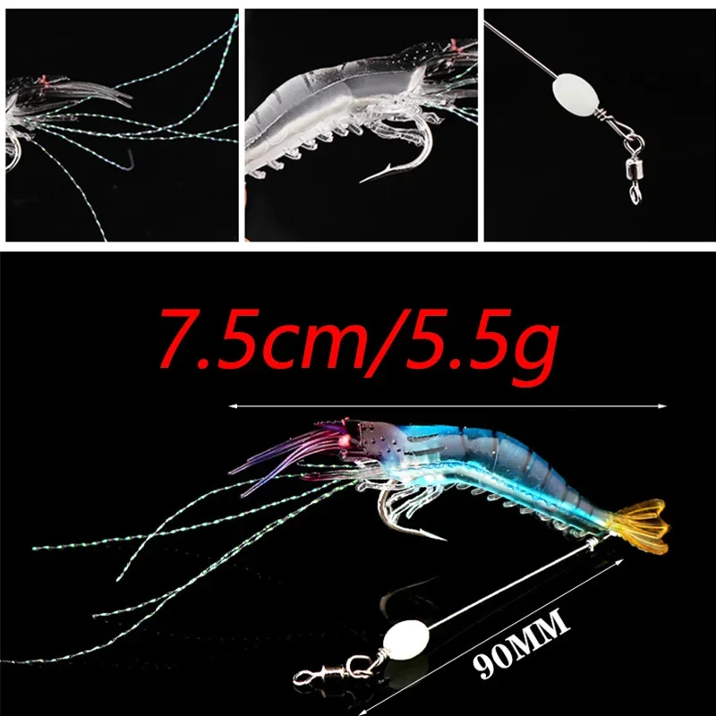 Cebo suave de camarón de silicona luminoso, 5 uds., 7,5 cm/5,5g, señuelo de pesca Artificial, cuentas giratorias, anzuelos, aparejo Sabiki, Swimbait Wobblers - imagen 2