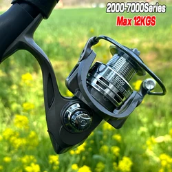 Carrete de pesca giratorio, bobina de Metal, potencia de arrastre máximo de 12KG, 2000, 3000, 4000, 5000, 6000, 7000