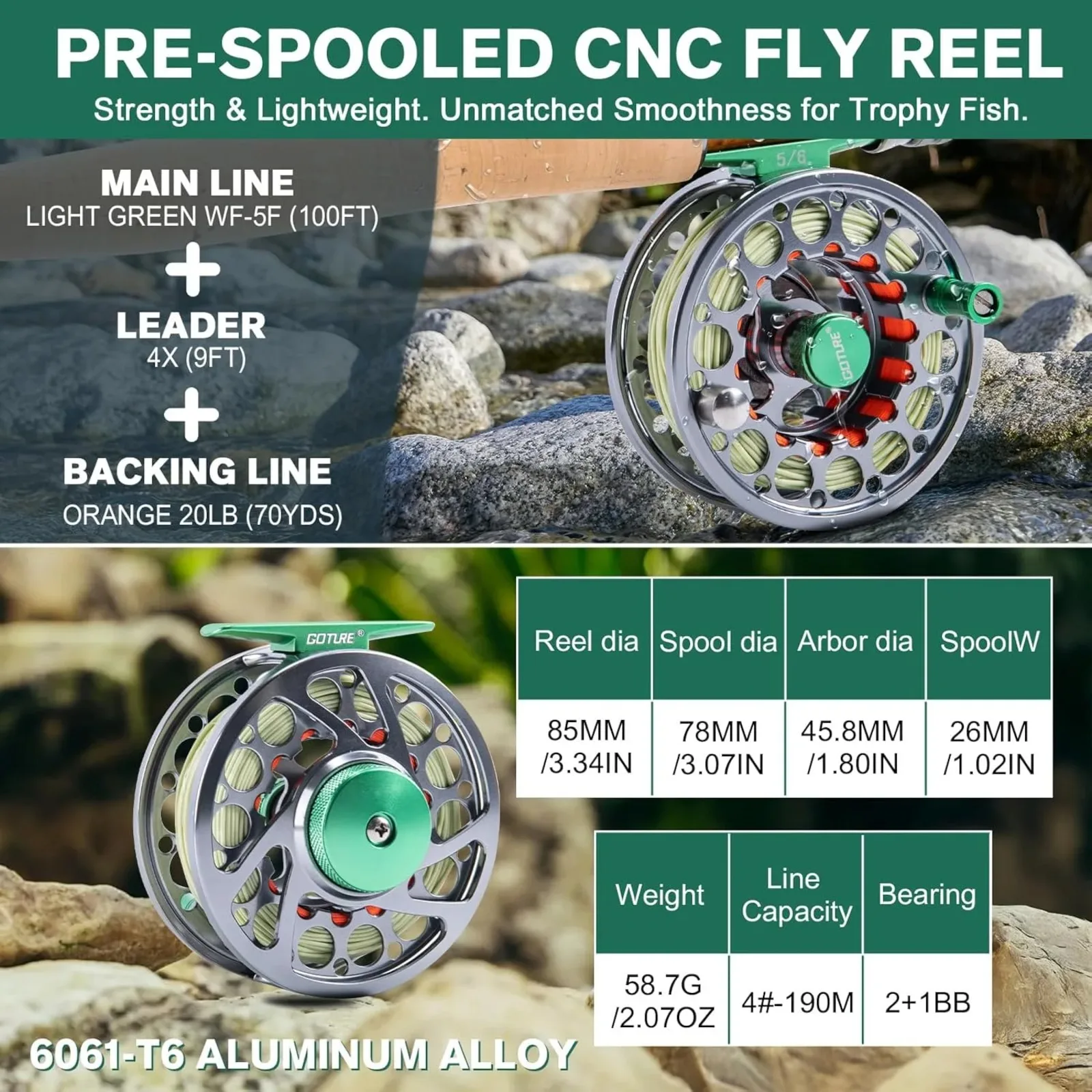 Kit pesca a mosca Goture – Caña carbono 9 pies y carrete CNC - imagen 4