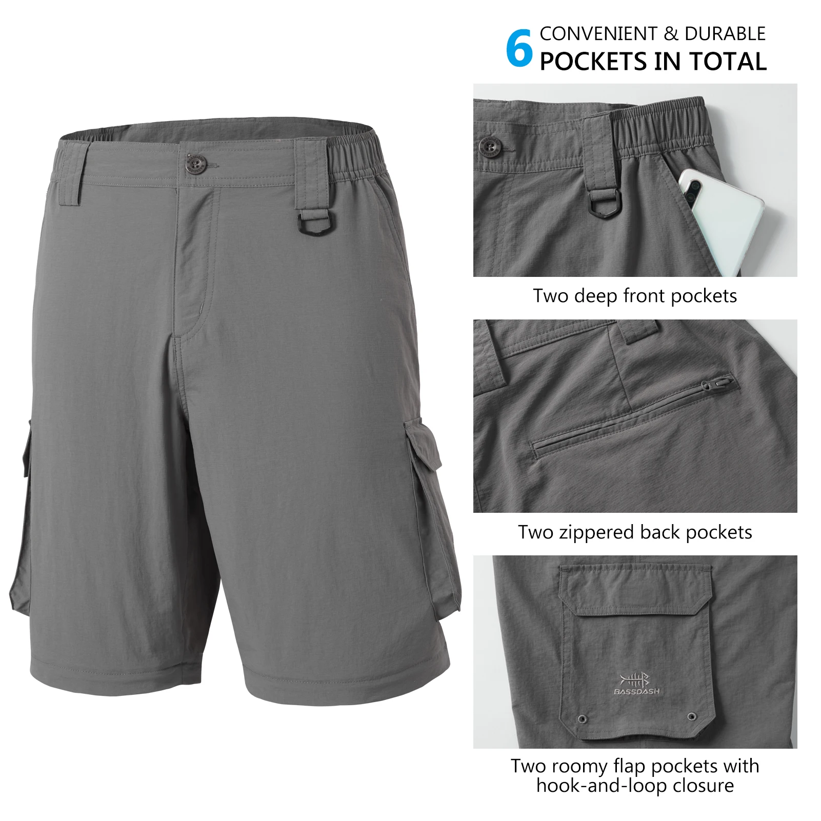 Bassdash-Pantalones convertibles de secado rápido para hombre, Shorts ligeros resistentes al agua con cremallera, para pesca, senderismo y carga, UPF50 + - imagen 5