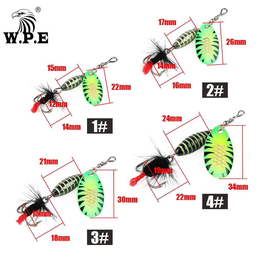 W.P.E 1 Uds señuelo giratorio 3,7g/5,3g/8,2g/10,5g cebo Metal latón cuchara señuelo duro pluma anzuelo triple señuelo falso aparejos de Pesca - imagen 3
