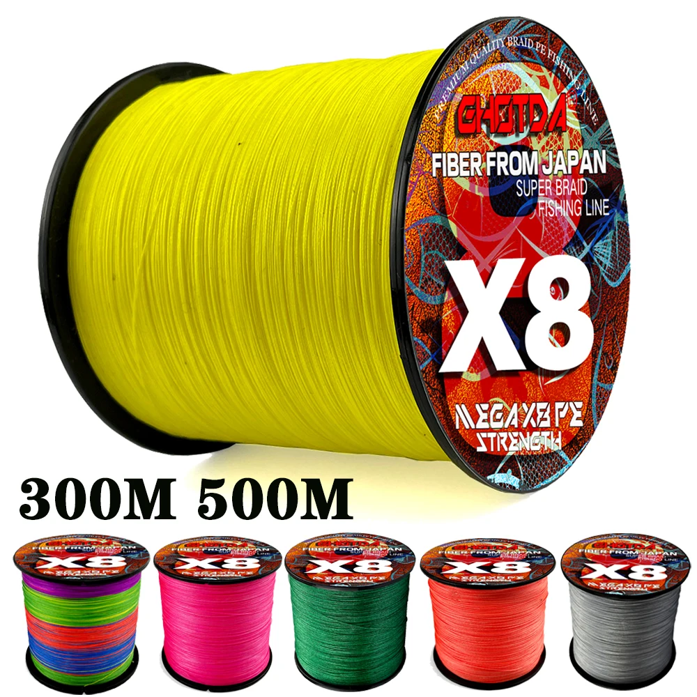 Sedal de pesca multifilamento de 8 hebras, cable de mar trenzado X8, señuelo giratorio para lubina, 300m/500m, 18lb-78lb