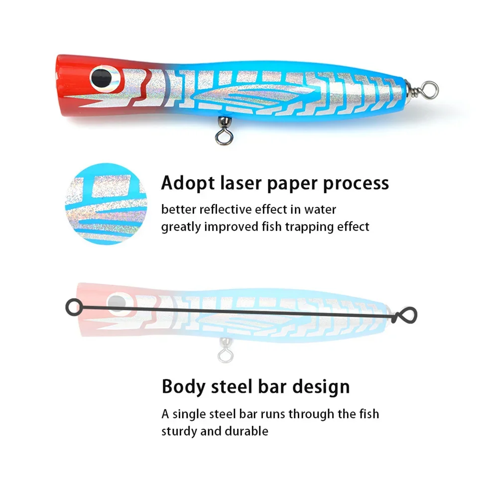 Wobblers Popper de madera de 1 piezas, Señuelos de pesca de superficie de 30g y 80g, cebos duros para lucios, aparejos de pesca, Swimbaits - imagen 5
