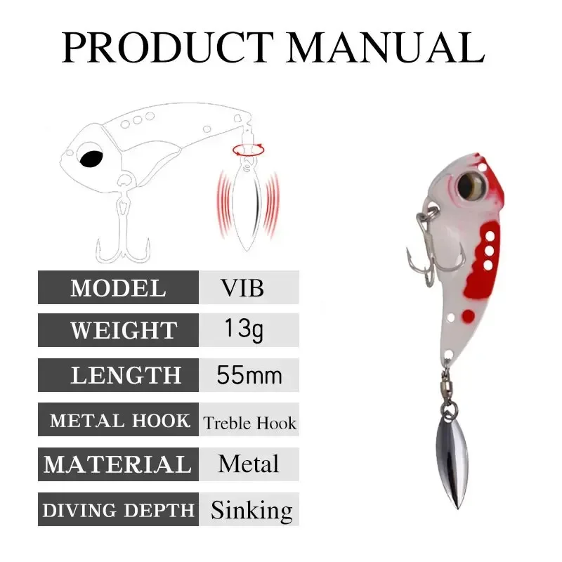 Señuelo de pesca de Metal VIB, 55mm, 13g, cebo duro de vibración con rotación de 360, girador de cola, ojos 3D, anzuelo afilado, aparejos de pesca - imagen 3