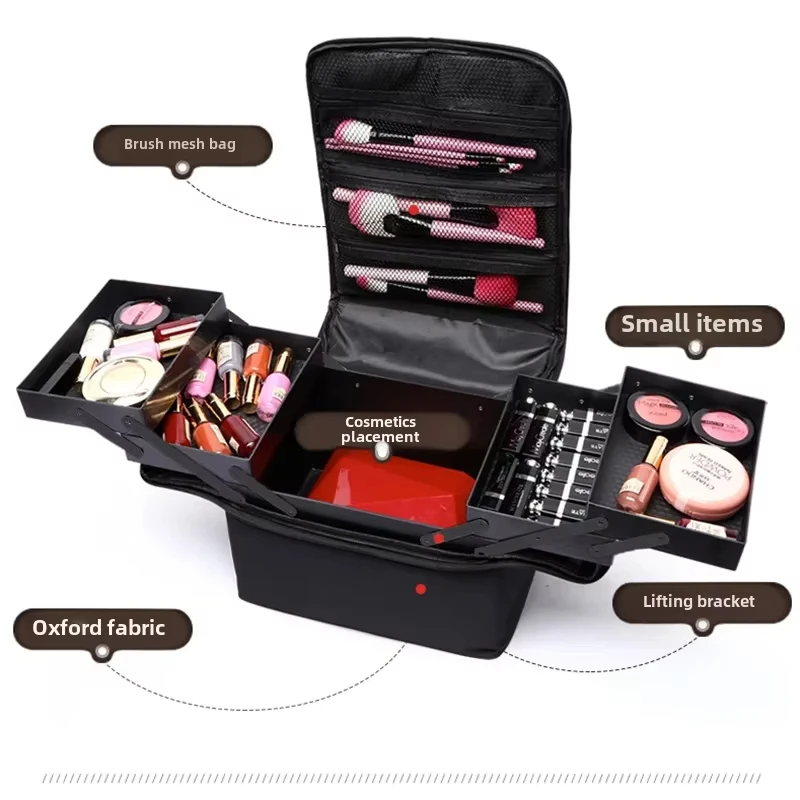 Estuche de tren de transporte de maquillaje grande para mujer, caja de almacenamiento de bolsa de viaje, estuche organizador de uñas profesional de 4 niveles con ajustable - imagen 4