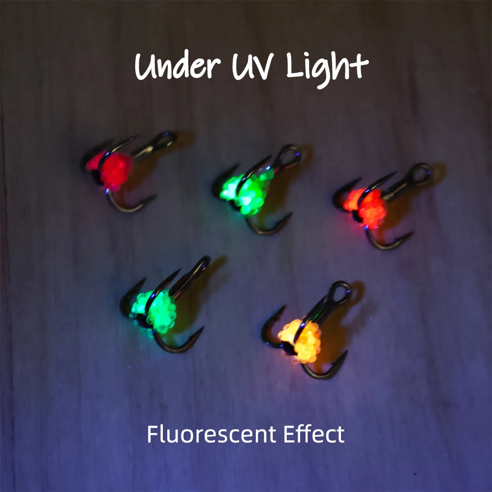 Wifreo 2PCS/5PCS Anzuelo triple para pesca en hielo con huevos de pescado UV duros 8 #   10 #   12 #   14 #   Ganchos de acero con alto contenido de carbono, señuelo que se hunde, Pesca de invierno - imagen 5