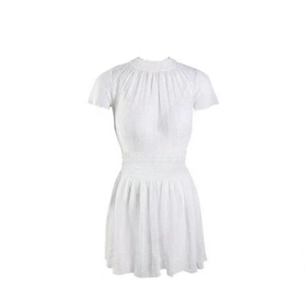 Traje de baño con falda de encaje hueco de malla, traje de baño transparente sin espalda para aguas termales, ropa de playa de manga corta con playa acolchada