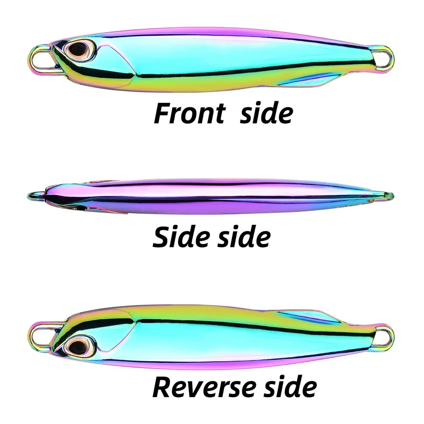 Señuelos de pesca coloridos con parte frontal detallada y lados de reverso