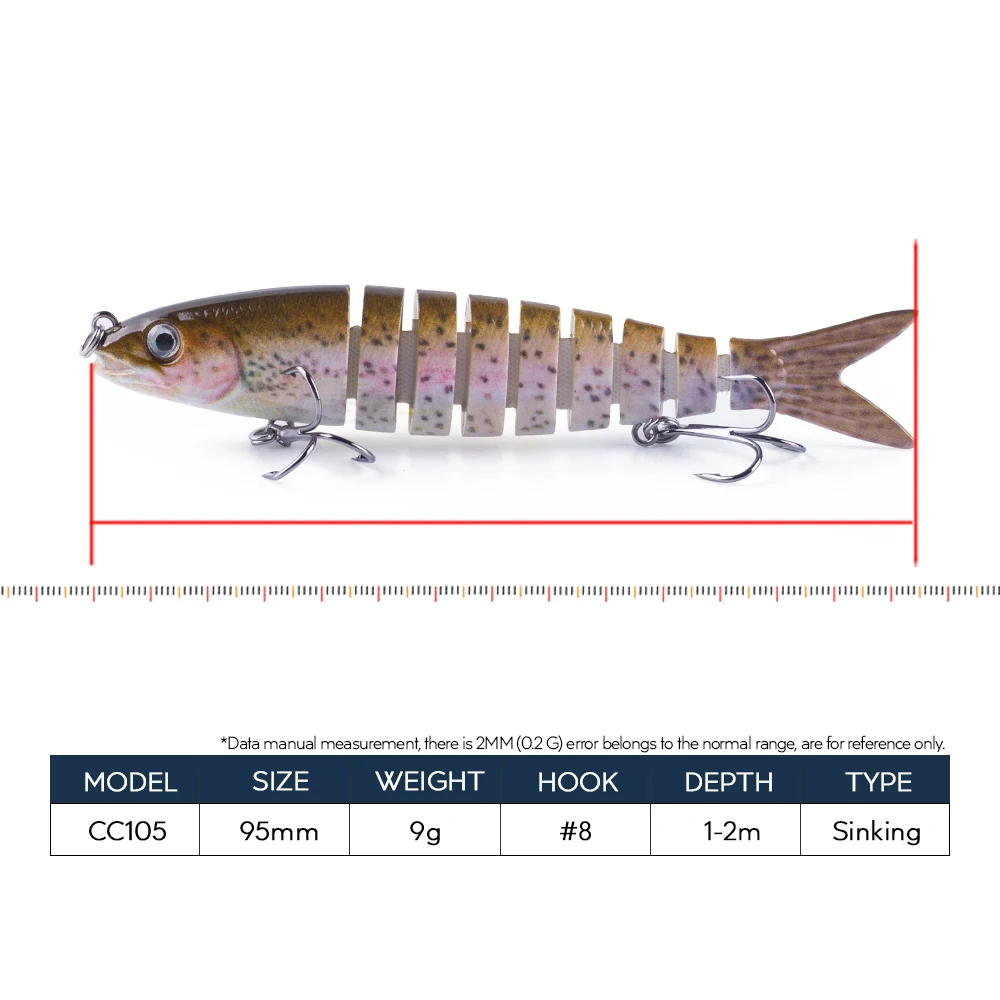 Hanlin-Señuelos de Pesca de 9,5 cm, 9g, multiarticulado Swimbait, 9 segmentos, trucha, Crankbait, Wobbler, cebo duro, Minnow, aparejos de lubina - imagen 2