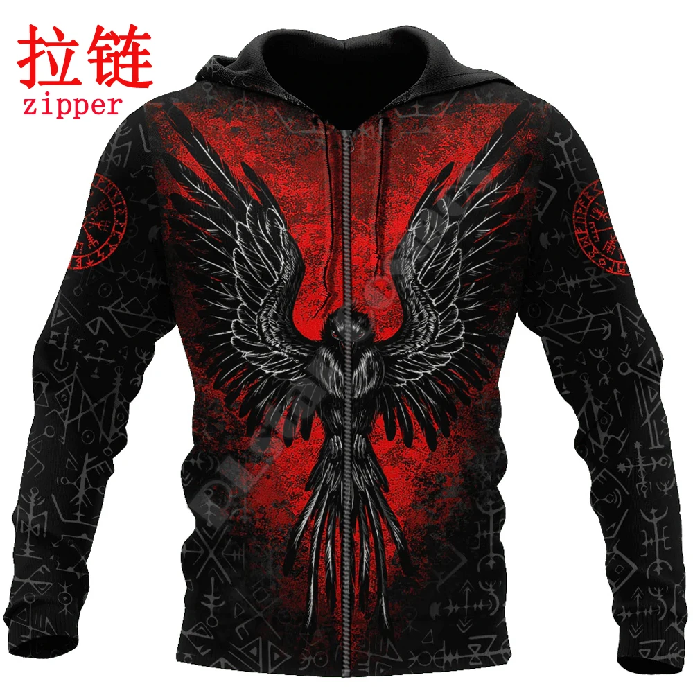 Sudadera con capucha y cremallera Unisex, chándal informal con estampado 3D de cuervo, tatuaje, Vegvisir, color rojo, KJ900 - imagen 3