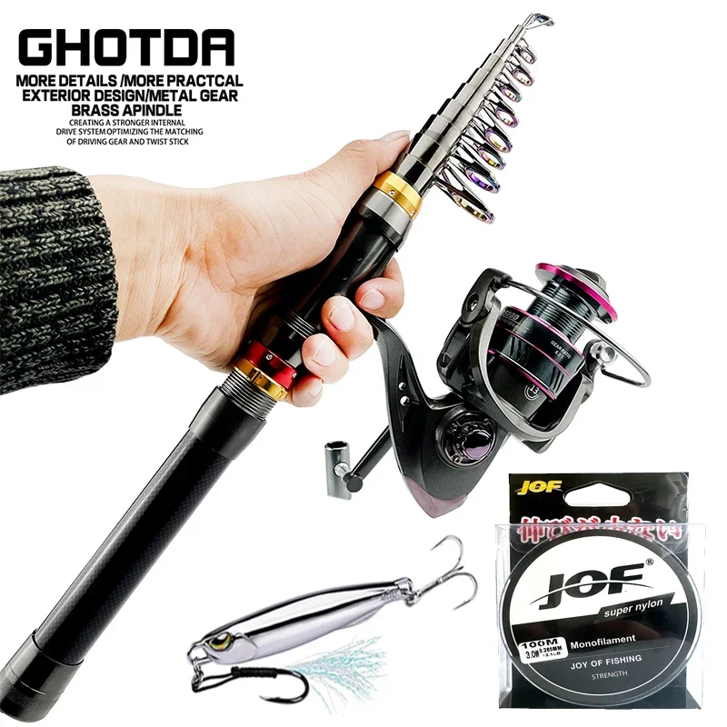 Juego de carretes de caña de pescar de mar giratoria telescópica de 1,8 M-3,6 M, caña de Baitcasting ultraligera con carrete de Metal, resistencia máxima de 3-8kg