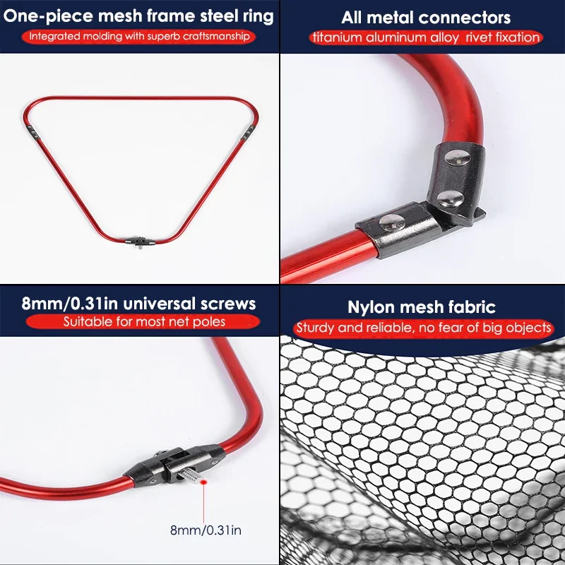 Accesorios de cabeza de red de mano plegable, incluye malla de nailon de goma negra y marco de cabeza de red de aleación de aluminio rojo, 1 Juego - imagen 4