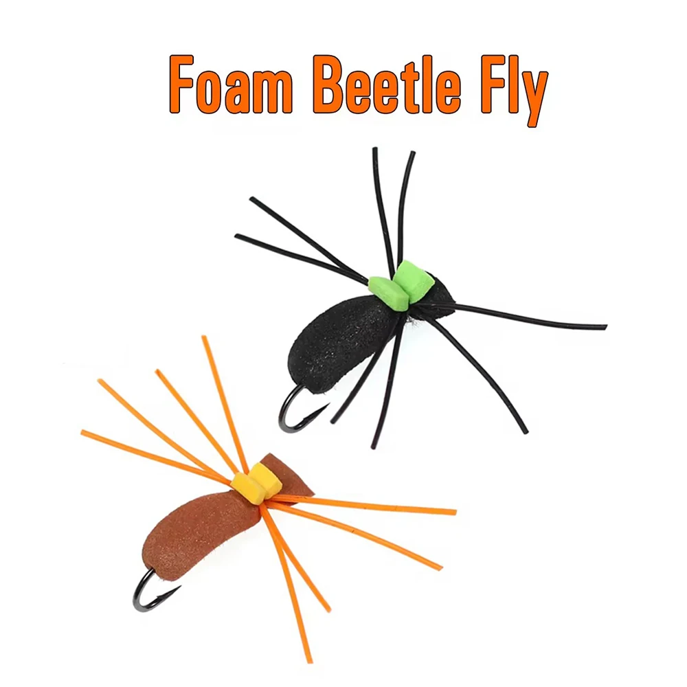 6 piezas # Señuelo de pesca con mosca con indicador de escarabajo de espuma, 10 anzuelos, moscas secas terrestres negras y naranjas para pesca de trucha, pez amarillo, lubina y carpa - imagen 2