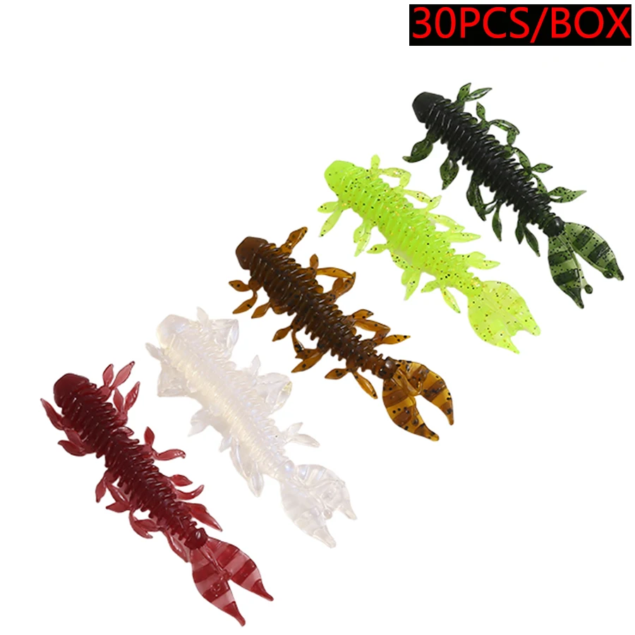 30 unids/caja de Señuelos de Pesca de carpa con camarones, cebos blandos con cola de doble hoja, Wobblers artificiales para lubina, Swimbait - imagen 5