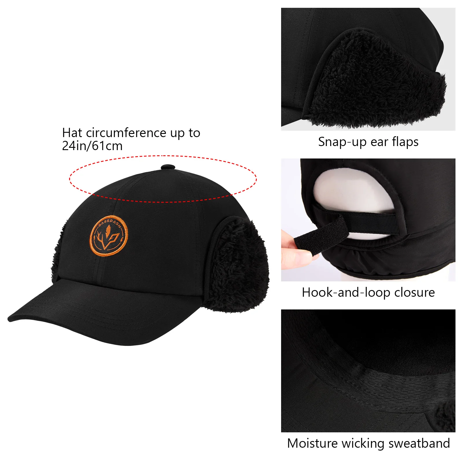 BASSDASH Gorro cálido con forro polar con orejeras, gorro deportivo de béisbol resistente al agua y al viento para invierno, para caza, senderismo y pesca - imagen 3