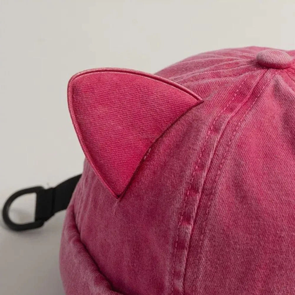 Gorro de algodón transpirable con orejas de gato viejo lavado a la moda, gorro Unisex de Color sólido para mujer - imagen 3