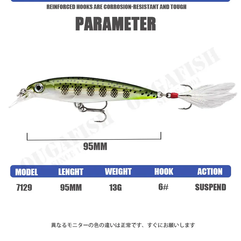 1 Uds 95mm 13g Suspend Minnow señuelo de pesca Wobblers con anzuelo de hazaña accesorios de Peche negro Minnow Leurre cebo duro Artificial - imagen 3