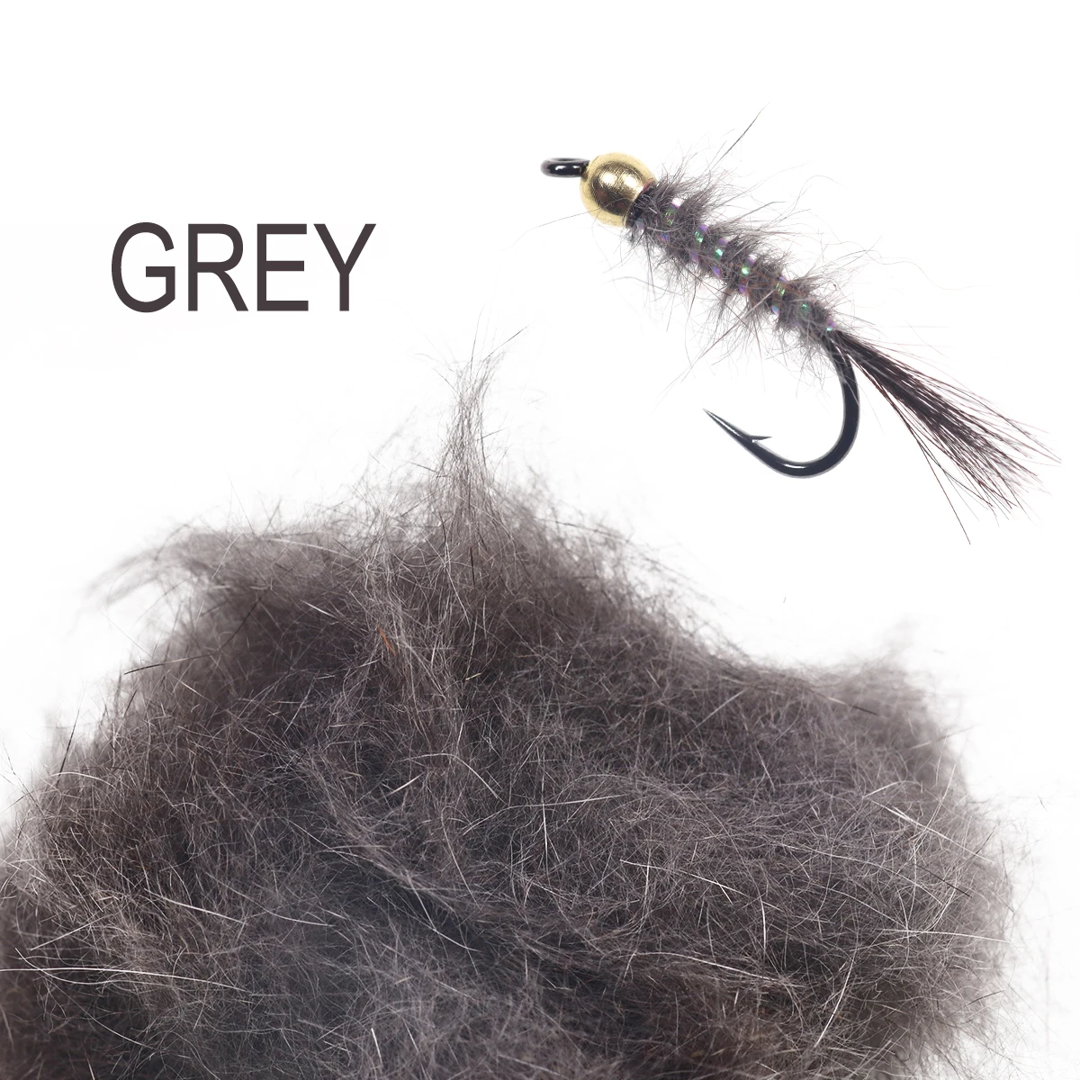 Señuelo de pesca gris con un gancho y material de textura suave