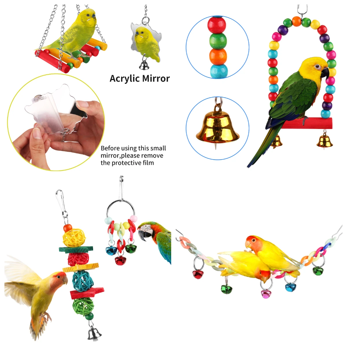 8 piezas de juguetes coloridos para periquitos y pájaros, columpio colgante de pie, juguete para masticar, hamaca, escalera de escalada, jaula para pájaros, juguete para periquito - imagen 3