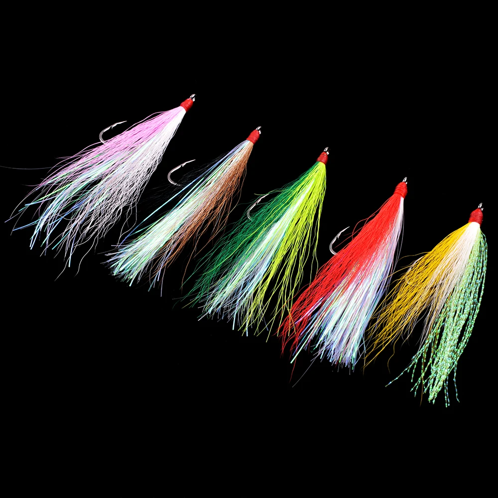 5 uds Bucktail Teasers anzuelo de pesca Señuelos de pesca de agua salada aparejo anzuelos de pesca de acero alto en carbono para salmón trucha lubina - imagen 5